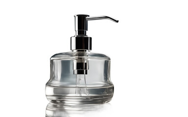 Obraz premium A transparent glass soap dispenser with a metal pump on a empty plain background