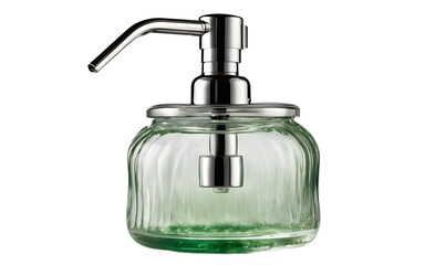 Obraz premium A transparent glass soap dispenser with a metal pump on a empty plain background