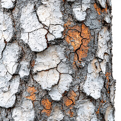 Close-up of textured tree bark with white, gray, and orange patches, showing detailed cracks and rough surface.