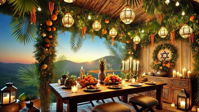 Twilight sukkah with glowing lanterns and lush foliage, surrounding a warmly lit dining table, creating a serene and festive atmosphere