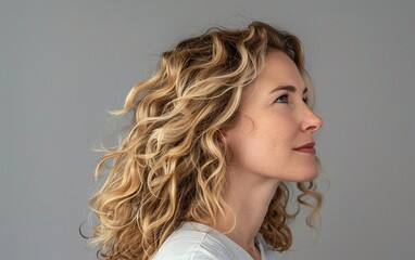 A woman with long, curly blonde hair looks off to the side. Her expression is thoughtful and peaceful.