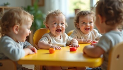 Smiling babies sit around yellow table at daycare center. Toddlers laugh, play at preschool. Kids develop social skills, communication. Childcare center promotes early childhood learning, happy