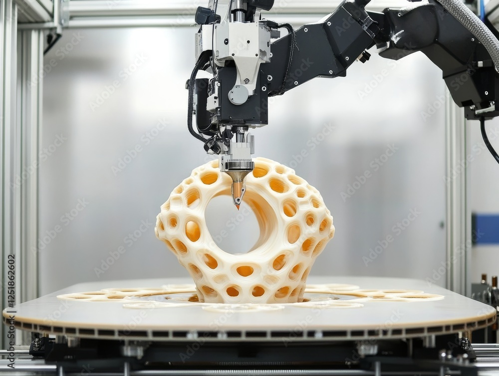 Poster advanced 3d printer creating intricate design with hollow structures, showcasing innovation and tech