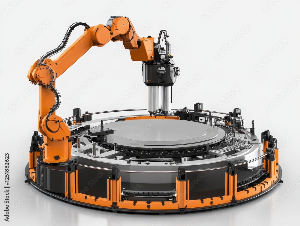 Poster advanced robotic arm operating 3d printer on circular platform, showcasing modern technology and pre