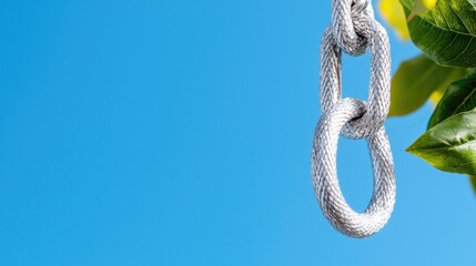 Rope chain against blue sky, green leaves background