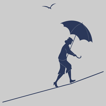 recommend clip art: a tightrope walker balancing with an umbrella silhouette vector design art and illustration