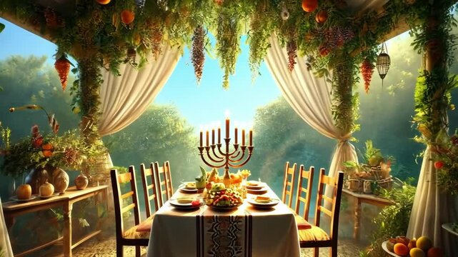 Morning sukkah with draped fabric and hanging fruits, surrounding a softly lit table in a tranquil garden setting