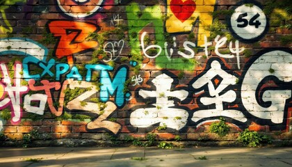 Naklejka premium Urban Decay: A Vibrant Brick Wall Adorned with Graffiti and Natural Moss Growth