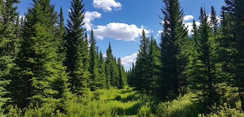 Pine tree forest tall evergreen lush green background
