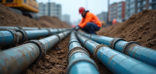 Blue water pipes installation. Worker installs underground pipes for water, sewerage, electricity, fiber optics. Construction drinking water plumbing pipeline repair in winter time. Urban center