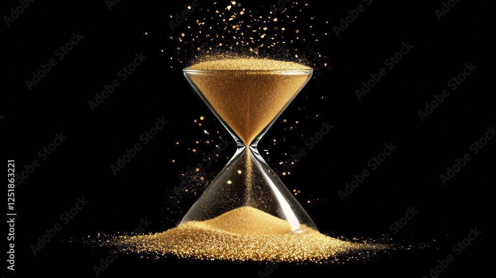 Poster gold sand flowing in an hourglass with luminous particles sparkling in dark background showing the p