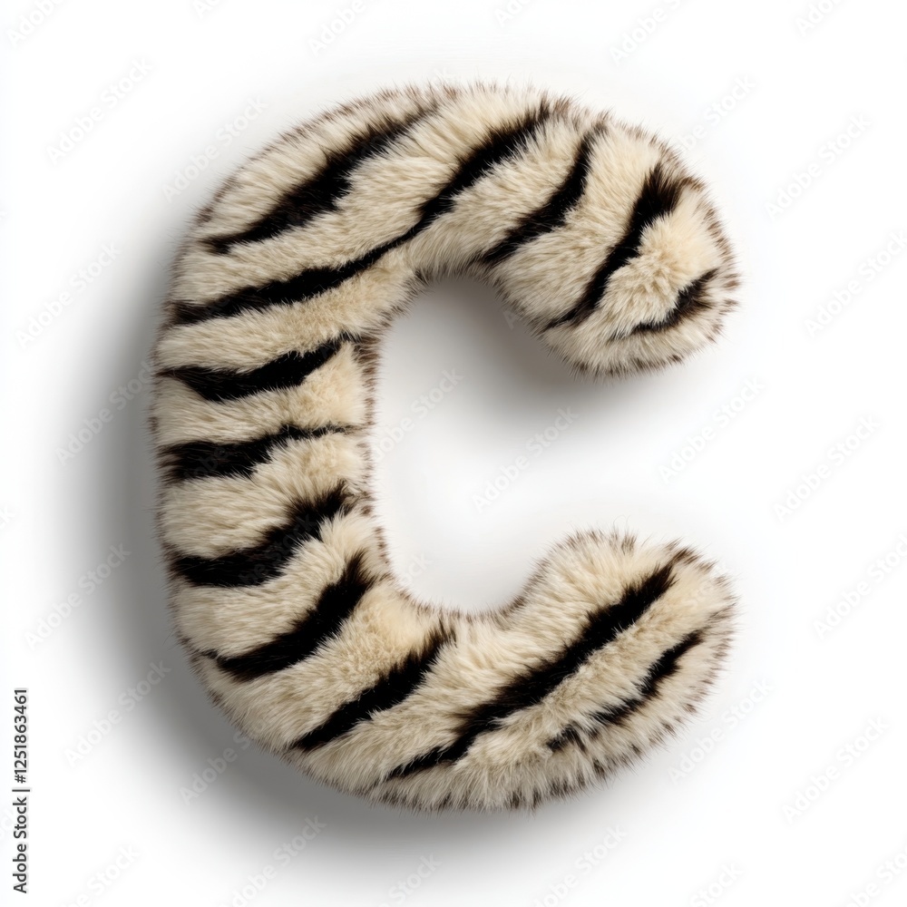 Poster letter c crafted from zebra fur against a white backdrop, highlighting a unique design element for c