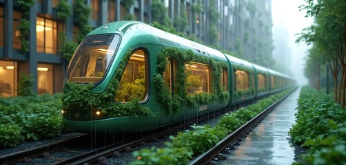 Fototapeta premium Illustration of futuristic green public transit system with plants on railway in rainy weather. Innovative urban transport in city of future. Eco-friendly city planning, sustainable development.