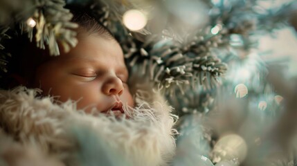 child against blurred background of christmas tree.
