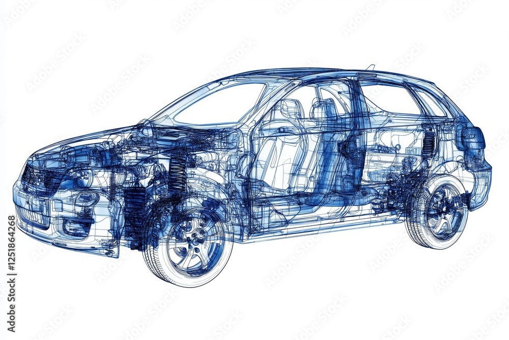 Poster transparent blue 3d car blueprint displaying detailed mechanical structure, engineering concept, fut