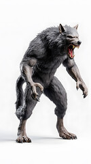 Realistic scary werewolf with wild appearance isolated on a white background. Ferocious werewolf snarling with menacing stance