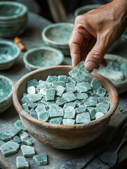 Hand Selecting Jade Stones From Bowl, Natural Green Tones, Craftsmanship and Selection Process