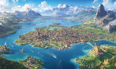Obraz premium Lakeside Medieval City, Mountains, Boats, Sunny Day, Fantasy Artwork