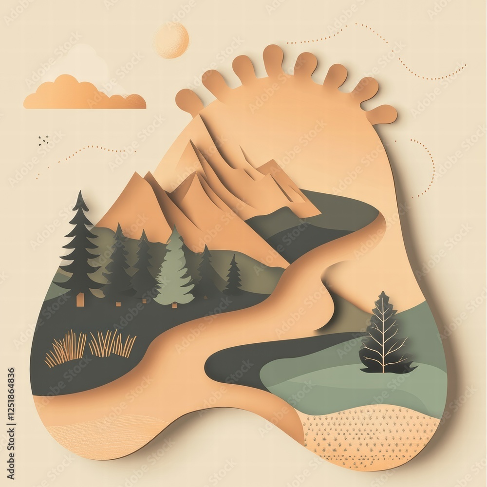 Poster creative landscape design illustrating mountains, trees, and river in a unique abstract style with w