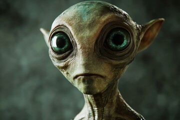 Close-up Portrait of a Grey Alien with Large Green Eyes