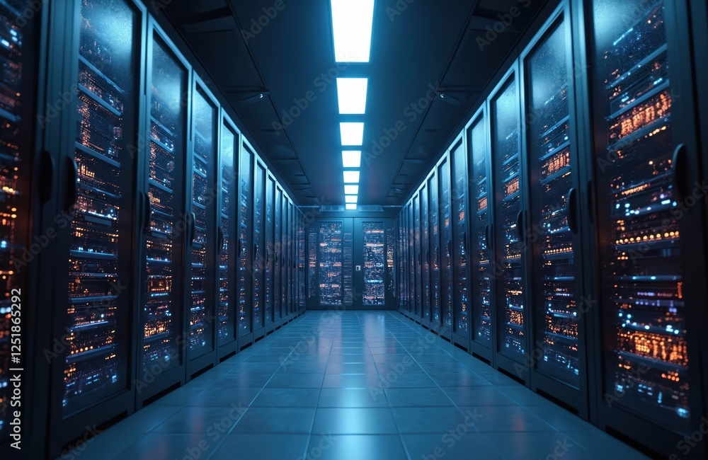 Fototapete Server room illustration featuring data center, tech warehouse filled with servers starting information digitalization. SAAS cloud computing, web service, generative AI technologies, digital
