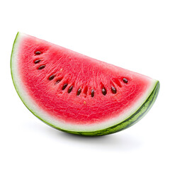 Fresh ripe slice of watermelon with visible black seeds, juicy watermelon wedge isolated on a white surface