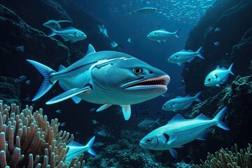 Fototapeta premium Mysterious Savagers and Glowing Fish in the Ocean's Hidden Depths