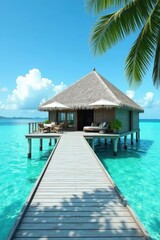 Luxury overwater bungalow, crystal clear lagoon access, view, high resolution, thatch