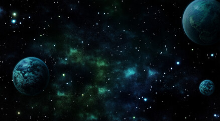 A dark blue and green gradient background featuring stars, a night sky, and celestial elements. It creates a galaxy-like atmosphere with glowing dots, light particles, and a glowing effect for a space