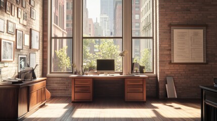 Cozy office space with wooden furniture, large windows, and cityscape view in the background