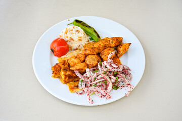 Chicken wings barbeque in a dish with BBQ grill sauce . Izgara tavuk kelebek sis kanat. Izgara tavuk sis, gogus.