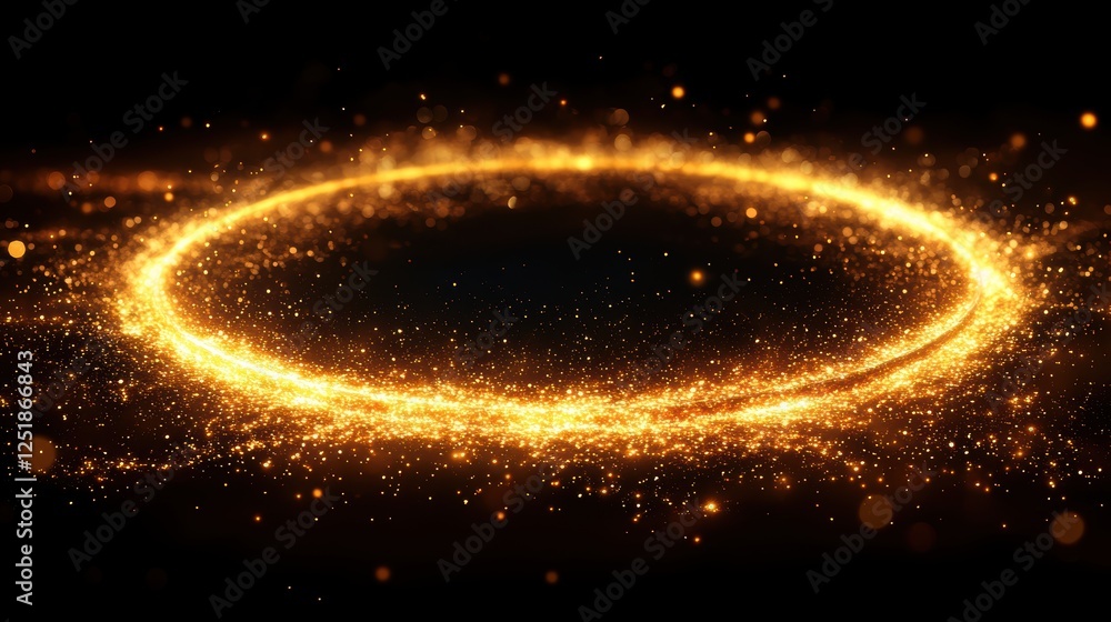 Poster a glowing golden circular light effect with sparkling particles.