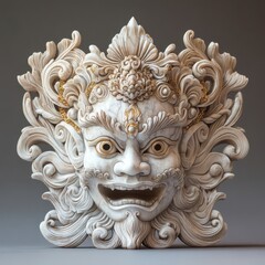 Intricate White Stone Carving of a Mythical Guardian Face