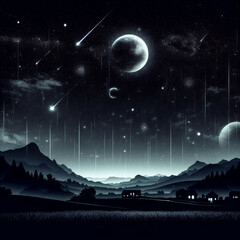 Country night village town under moon and stars galaxy sky in the rain. Mountains, cottages clear moonlit sky. Spooky creepy dark haunted isolated atmosphere
