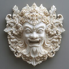 Intricate White Stone Carving of Mythical Guardian Mask Detail