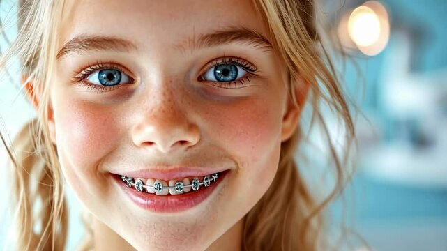 Smiling caucasian young girl with braces in bright dental office. The concept of dentistry, dental treatment. Orthodontics, prosthetics
