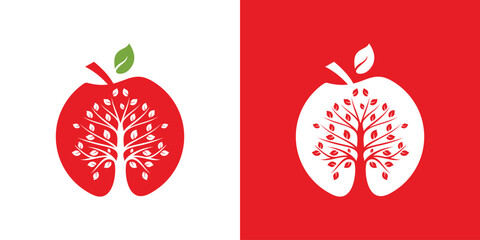 Apple fruit logo space tree negative, red apple and tree logo, icon, symbol, vector, illustration.