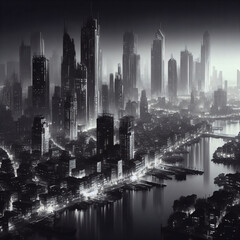 Naklejka premium Dystopian city in the night black and white. Creepy spooky dark polluted urban cityscape metropolis with lake river