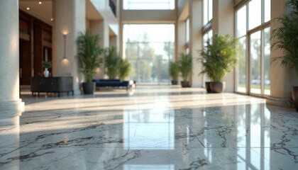 The image shows interior of luxury lobby, clean shiny marble tiled floor in office hall of commercial building. Marble tile design, light, corporate hallway with plants pots.