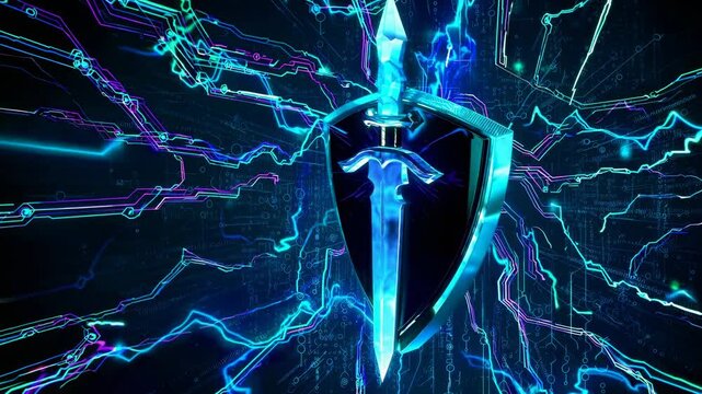 Digital sword radiates power beside protective shield. Neon binary streams and circuit patterns illuminate dark cyberspace. Stationary composition.