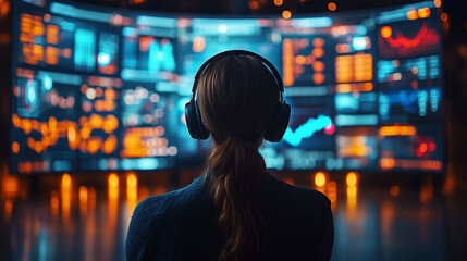 A data analyst in front of a big screen with graphs.