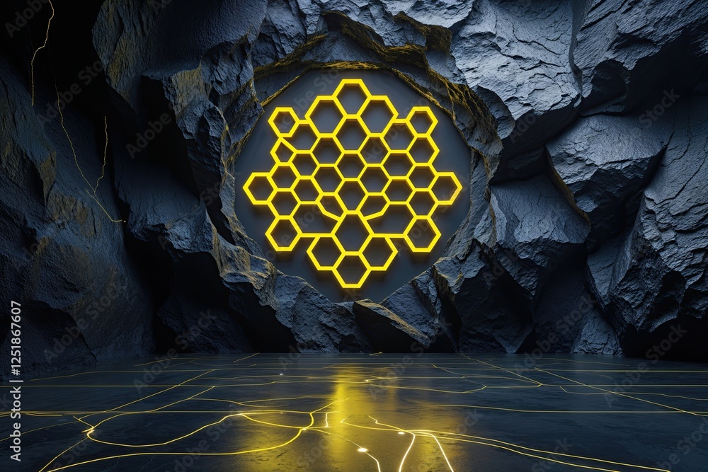 Aufkleber vibrant yellow hexagon pattern on dark onyx background with dynamic electric noise design