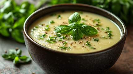 Creamy cauliflower soup with basil and parsley..