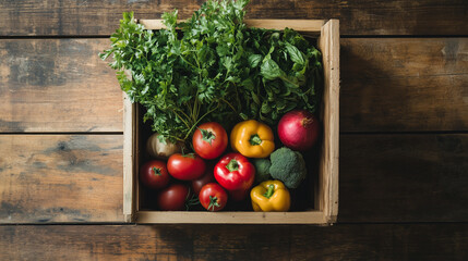 Fresh vegetables in a wooden box on a wooden table.