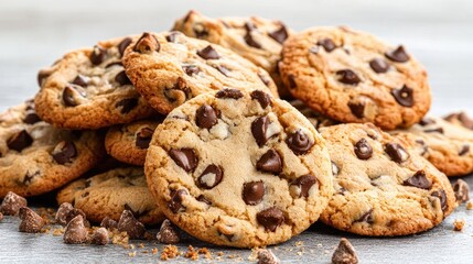 Stacked Chocolate Chip Cookies on Light Gray Surface