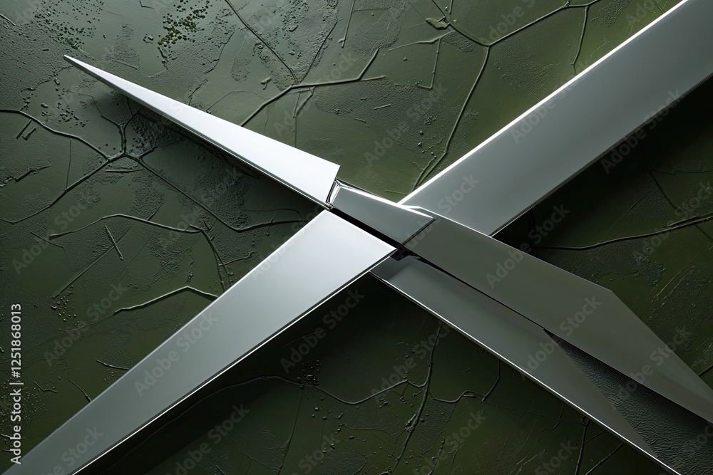 Poster high-tech dynamic art presentation of silver angular structure on dark textured army green backgroun