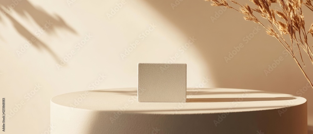 Poster minimalist display of clean, textured block on round pedestal with soft shadows.