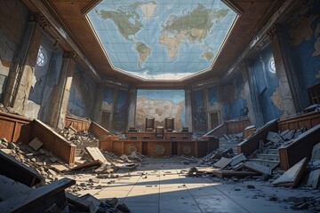 Obraz premium Viewpoint of the Ruined Summit Governance Chamber with Incomplete Map Background