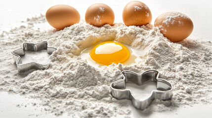 Baking ingredients: eggs, flour and biscuit moulds.