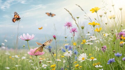 Wildflower meadow, summer field, colorful flowers, butterflies, soft focus, dreamy atmosphere, pastel colors, watercolor style, delicate petals